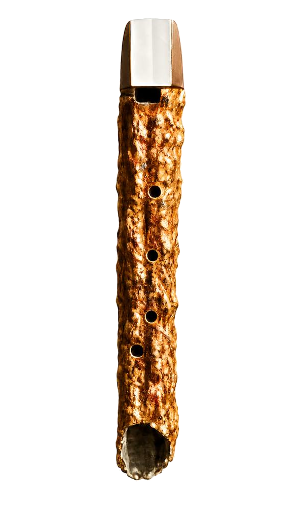 render of the fulgurite flute, vertical, with metal mouthpiece and finger holes along a textured glass body